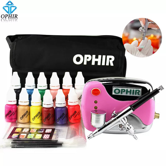 OPHIR Nail Art Tool 0.3mm Airbrush Kit with Air Compressor for Nail Art Airbrushing Stencil & Bag