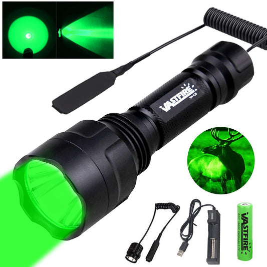 VASTFIRE C8s Green LED Hunting Flashlight Tactical 1-Mode USB Rechargeable