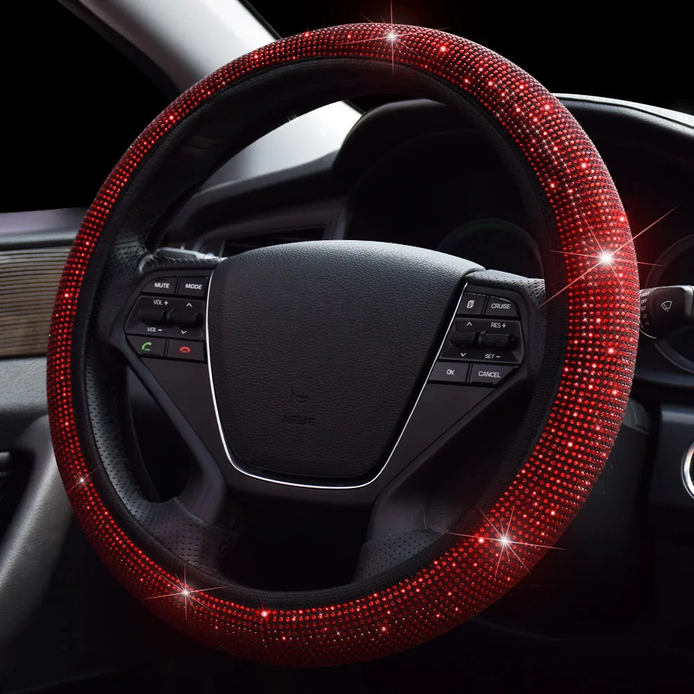 37-39cm Bling Red Diamond Car Steering Wheel Cover For Girls Women