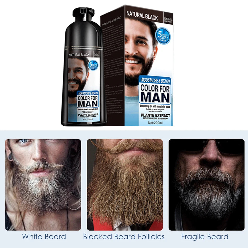 200ml Men's Beard Dye Shampoo  Natural Permanent Black Beard Hair Dying Shampoo Cream