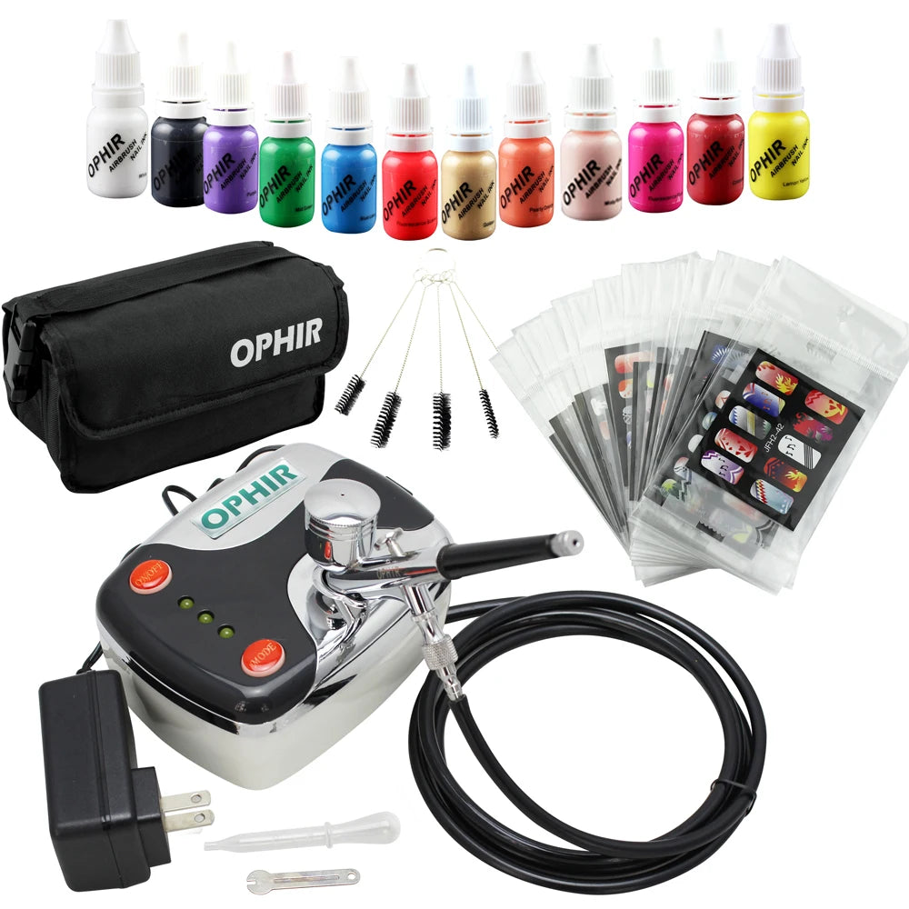 OPHIR Nail Art Tool 0.3mm Airbrush Kit with Air Compressor for Nail Art Airbrushing Stencil & Bag