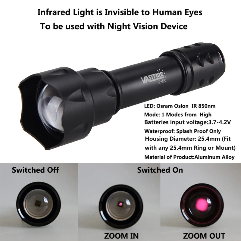 850nm IR Hunting Flashlight Zoomable Tactical LED Flashlight Infrared Radiation Night Vision