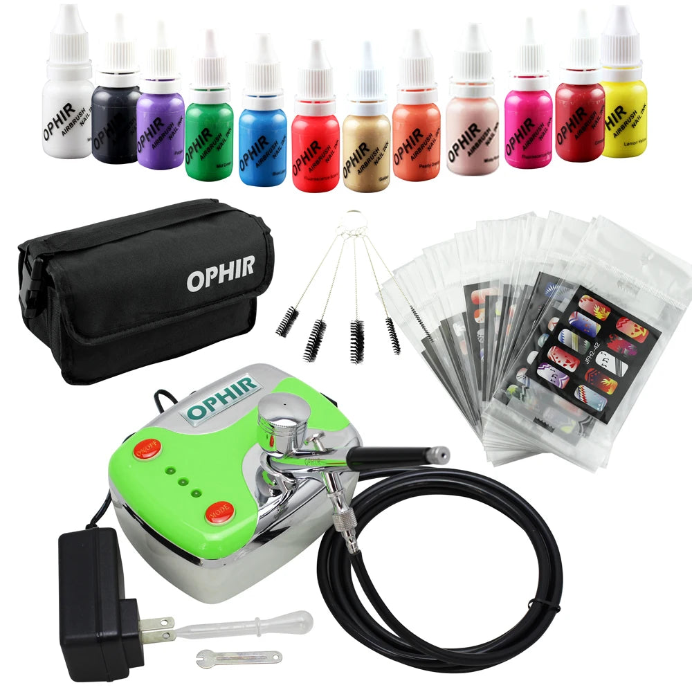 OPHIR Nail Art Tool 0.3mm Airbrush Kit with Air Compressor for Nail Art Airbrushing Stencil & Bag