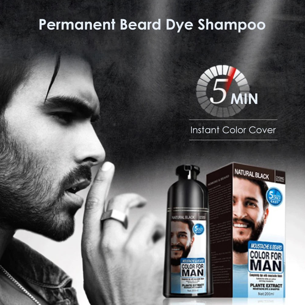 200ml Men's Beard Dye Shampoo  Natural Permanent Black Beard Hair Dying Shampoo Cream