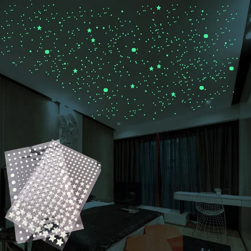 202pcs/set Luminous Small Stars and Circle Dots Wall Stickers 3D Bubble Wall Decals Glow in  Dark