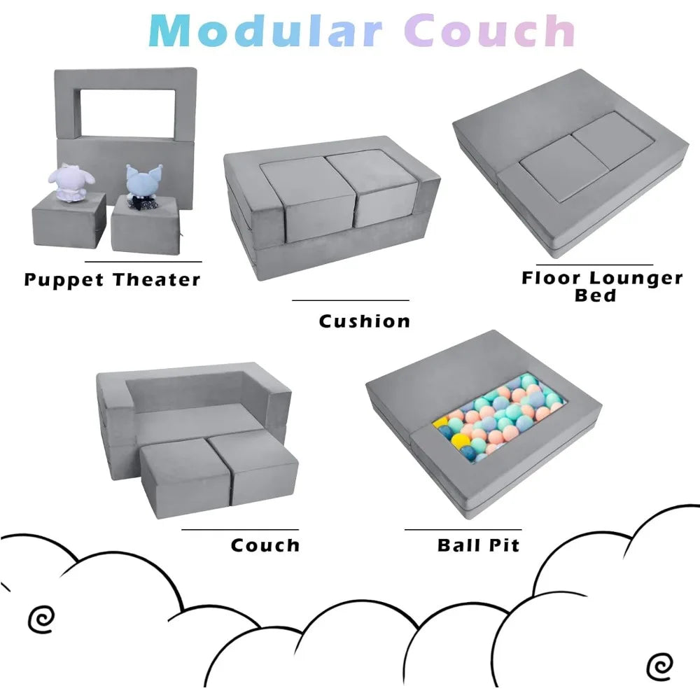 Modular Kids Sofa,Toddler Play Couch Fold Out for Playroom, Grey Convertible Plush Foam Chair for Childrens