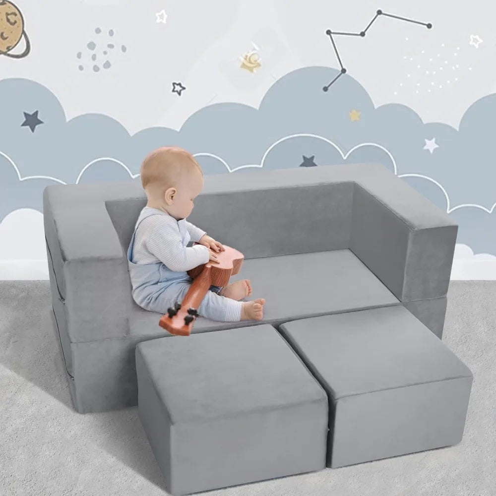 Modular Kids Sofa,Toddler Play Couch Fold Out for Playroom, Grey Convertible Plush Foam Chair for Childrens