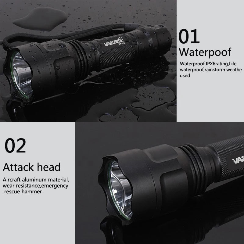 VASTFIRE C8s Green LED Hunting Flashlight Tactical 1-Mode USB Rechargeable