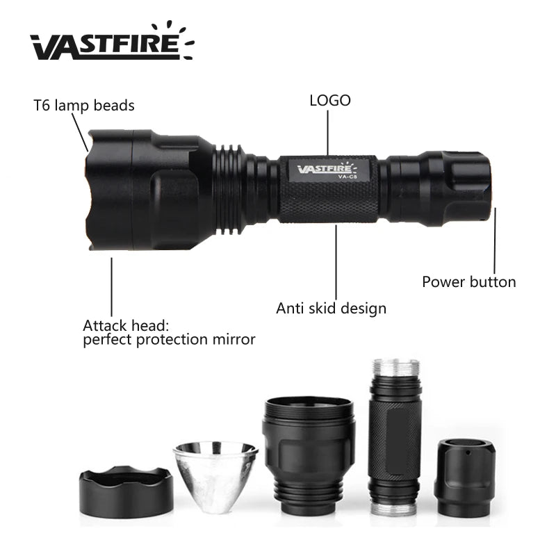 VASTFIRE C8s Green LED Hunting Flashlight Tactical 1-Mode USB Rechargeable