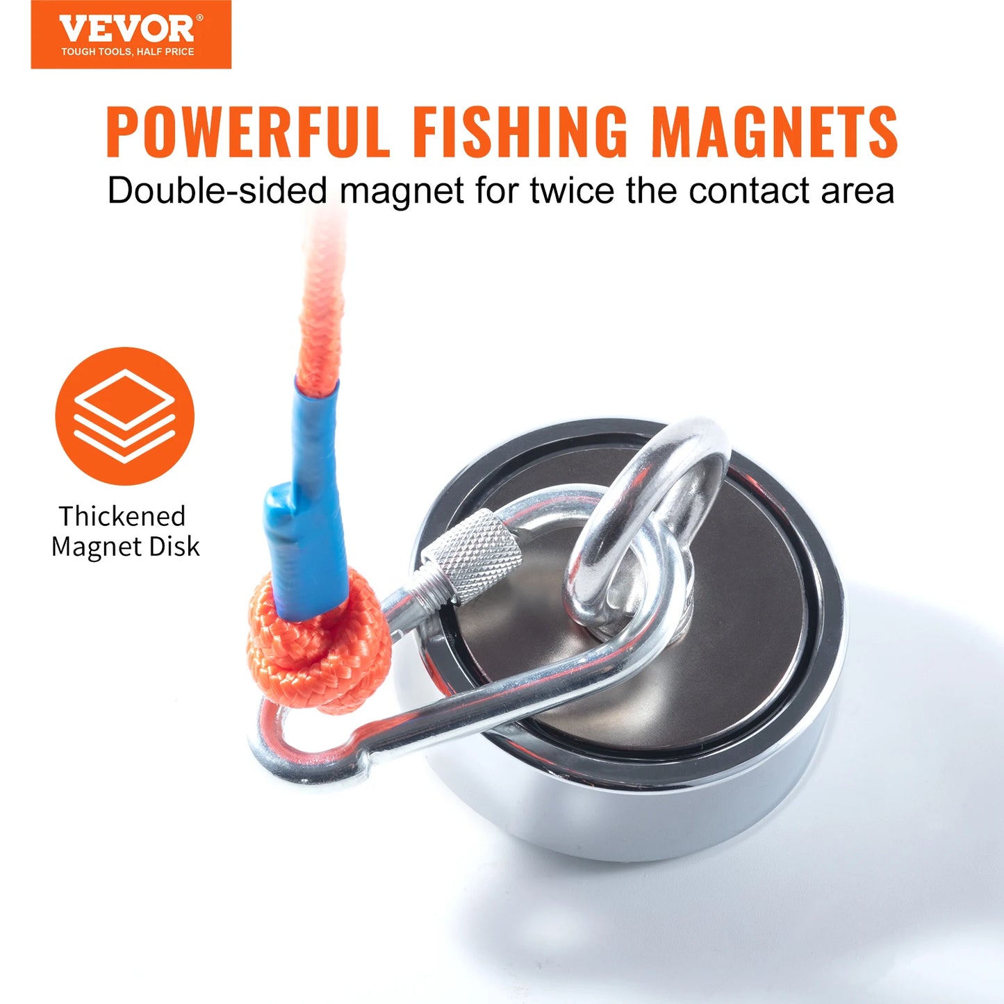 VEVOR Magnet Fishing Kit 1200lbs Double Sided Fishing Magnets 2.95“ Diameter Strong Neodymium