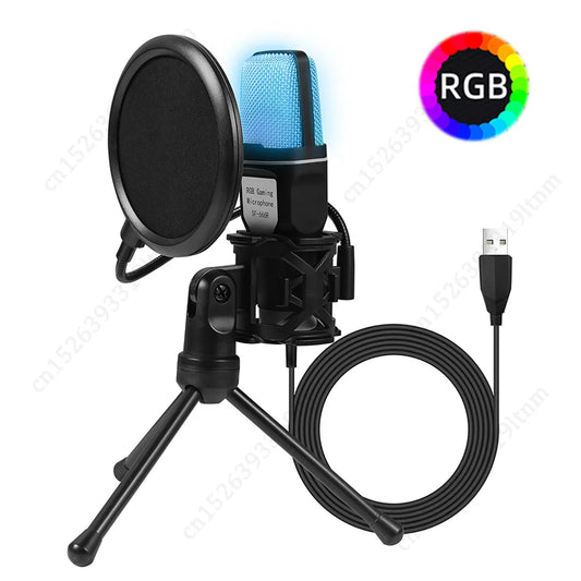 RGB USB Recording Microphone Condenser Wired Computer Gaming Microfone Professional Mic with Tripod Stand for Laptop Desktop PC